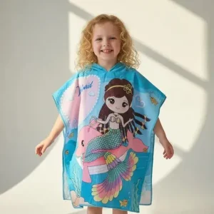 Poncho De Toalla Estampado De Nena Toallon Capucha 60x120 19219 Turquesa Sirenita