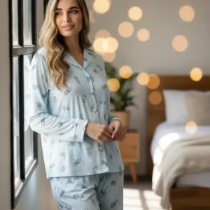 Pijama Invierno Mujer Jersey Abotonado Lencatex 26304 Celeste 1