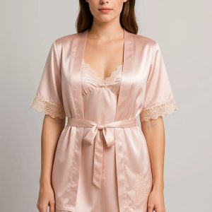 Camisolin + Bata Mujer Dos Piezas Raso Liso Importado Rosa 2