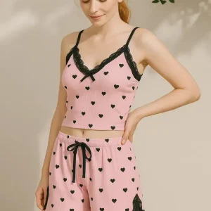 Pijama Verano Morley Mujer Top Short Puntilla 21298 Rosa Corazones M/l