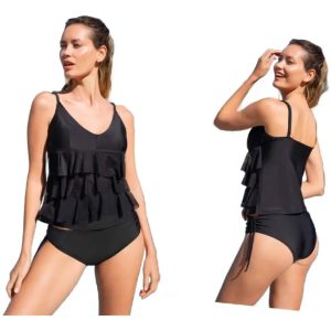 Malla Tankini Con Volados De Tul Y Tiro Corto Din Dan 5012 Negro 2