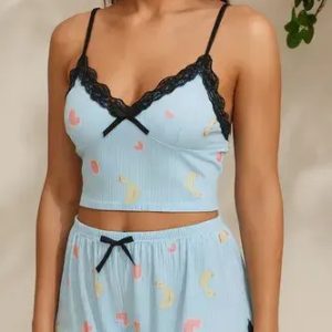 Pijama Verano Morley Mujer Top Short Puntilla 21298 Celeste Patitos M/l