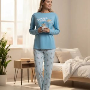 Pijama Invierno Mujer Jersey Algodón Lencatex 26303 Celeste 1