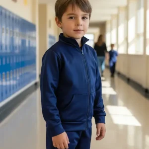 Conjunto Colegial Campera Pantalón Acetato Niños 6 A 16 Azul