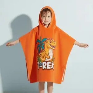 Poncho Toalla Estampado Infantil Toallon Capucha 60x120 Naranja Dino