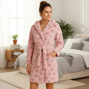 Bata Polar Soft Gofrada Con Capucha Y Bolsillos Corta 7410 Rosa Corazon 3