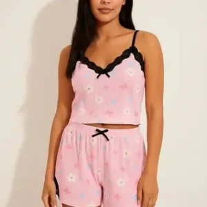 Pijama Verano Morley Mujer Top Short Puntilla 21298 Rosa Mariposa M/l