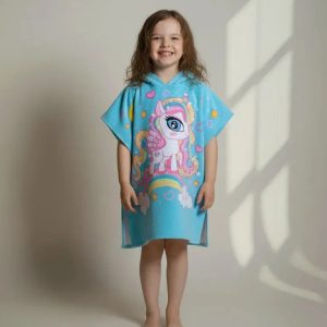 Poncho De Toalla Estampado De Nena Toallon Capucha 60x120 19219 Turquesa Unicornio