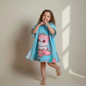 Poncho De Toalla Estampado De Nena Toallon Capucha 60x120 51805 Celeste Gatosirena