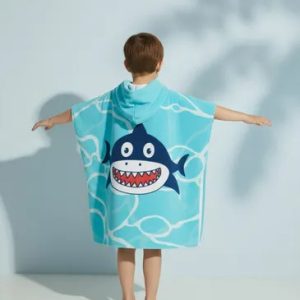 Poncho Toalla Estampado Infantil Toallon Capucha 60x120 Celeste Tiburon
