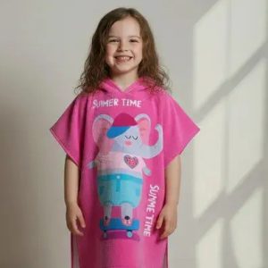 Poncho De Toalla Estampado De Nena Toallon Capucha 60x120 19219 Fucsia Elefante