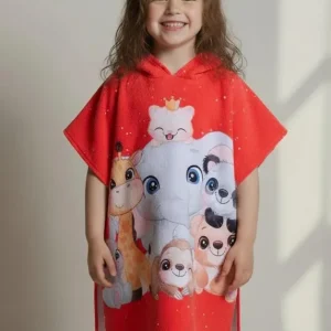 Poncho De Toalla Estampado De Nena Toallon Capucha 60x120 19219 Rojo Animalitos