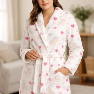 Bata Polar Soft Gofrada Con Capucha Y Bolsillos Corta 7410 Blanco Unicornio 1