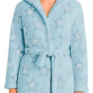 Bata Polar Soft Gofrada Con Capucha Y Bolsillos Corta 7410 Celeste Estrellas 4